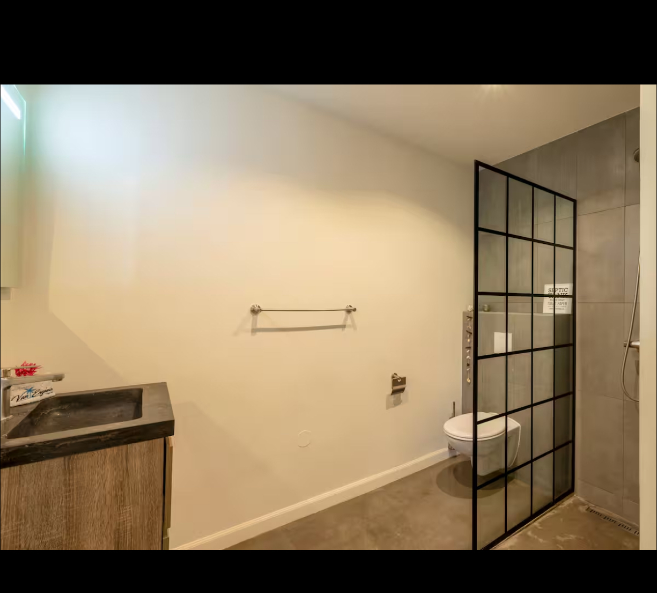 Modern bathroom with an industrial-style glass shower screen