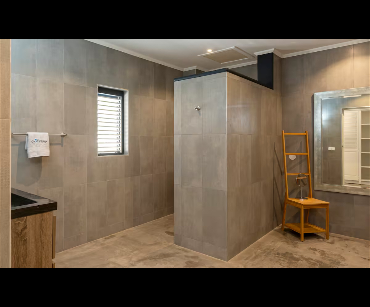 Spacious walk-in shower and vanity bathroom